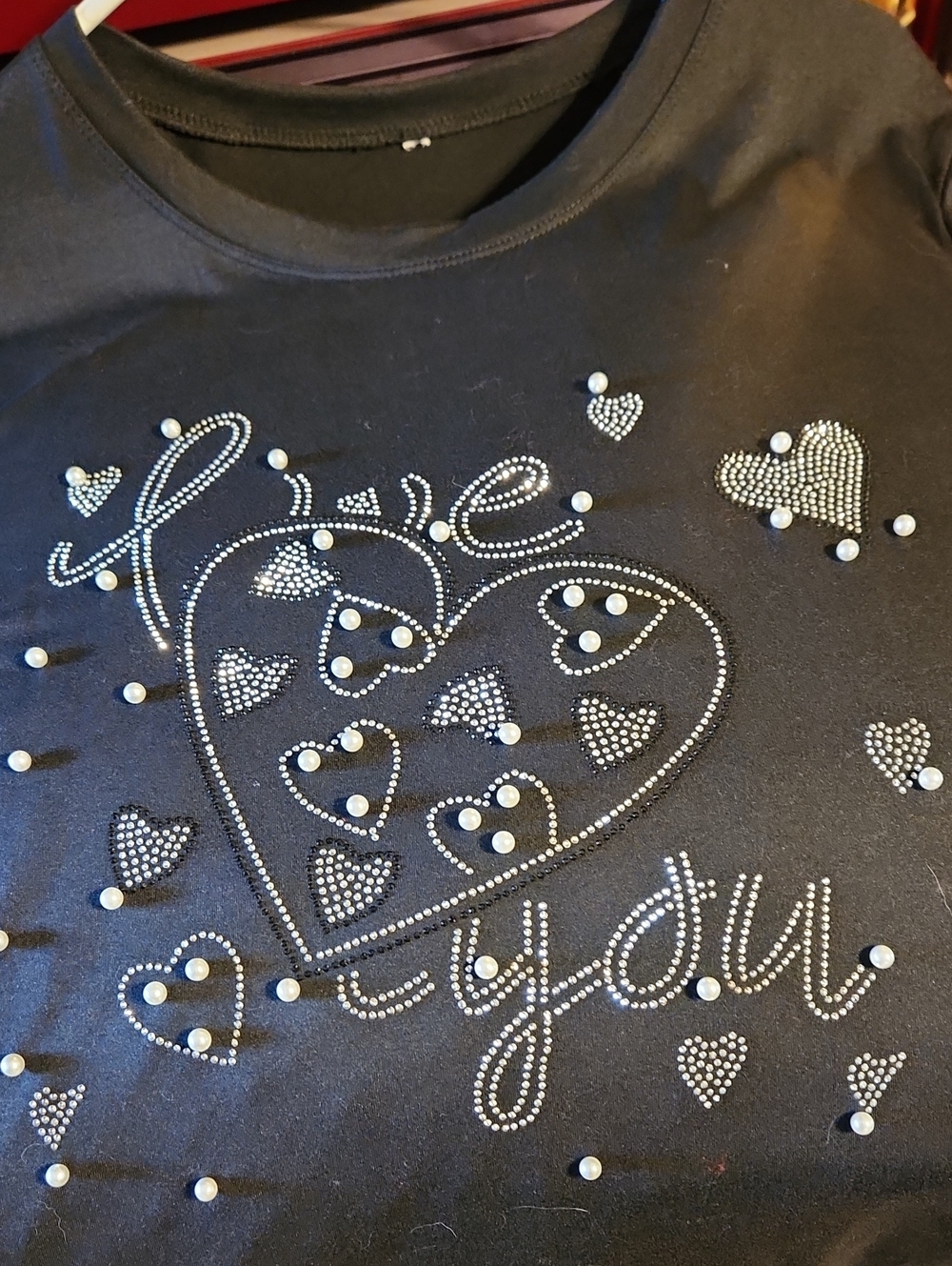 Womans Black Rhinestone 'Love You' Short Sleeve Tee - Hearts Graphic